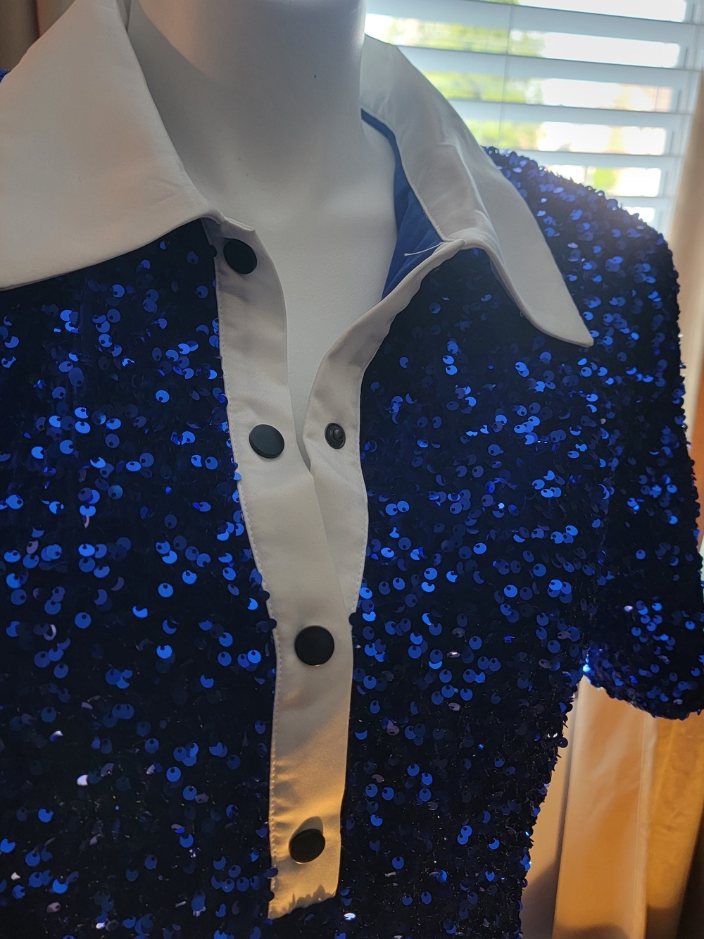 Women's Royal Blue Sequin Evening Dress with White Contrast Collar